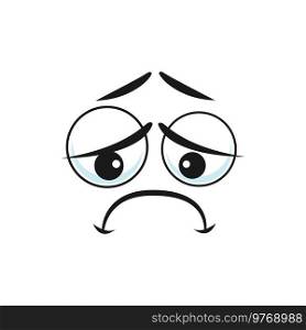 Cartoon sad face, unhappy or upset vector emoji. Negative feelings, pained facial expression with pathetic eyes and closed curved mouth. Sadness emotion isolated on white background. Cartoon sad face, unhappy or upset vector emoji