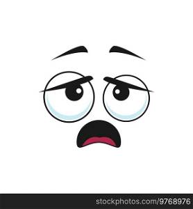 Cartoon sad face vector icon, upset emoji, unhappy facial expression with tragic look and open mouth. Negative feelings, sadness dissatisfied emotion isolated on white background. Cartoon sad face vector icon, upset emoji, sadness