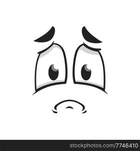 Cartoon sad face, vector plaintive look, unhappy or upset emoji personage. Tragic facial expression with corners of the mouth curve down. Isolated character negative feelings, sadness emotion. Cartoon sad face, vector plaintive look, unhappy