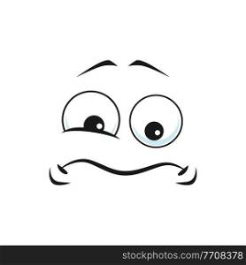 Cartoon sad face, vector unhappy or upset emoji, funny facial expression with twitch eye and curved lips. Negative feelings, sadness emotion isolated on white background. Cartoon sad face, vector unhappy or upset emoji