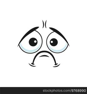Cartoon sad face, vector unhappy or upset emoji, tragic facial expression with plaintive look and corners of the mouth curve down. Negative feelings, sadness emotion isolated on white background. Cartoon sad face, vector unhappy or upset emoji