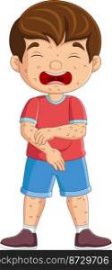 Cartoon sad little boy with chickenpox