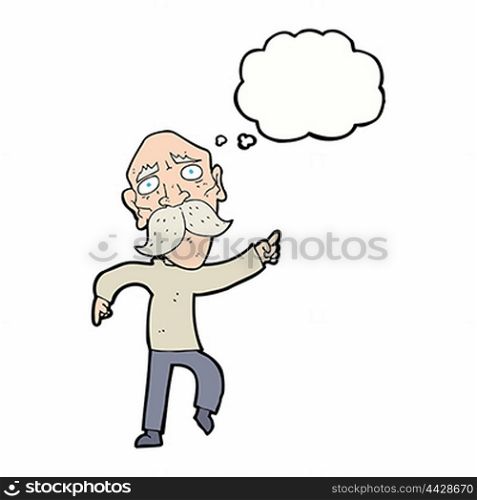 cartoon sad old man pointing with thought bubble