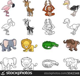Cartoon Safari Animal Illustrations. A set of cartoon safari animal illustrations. Color and black an white outline versions.. Cartoon Safari Animal Illustrations