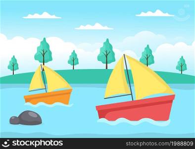 Cartoon Sailing Boat with Sea or Lake View Background Vector Illustration. Summer Time for Leisure, Sports Activity and Recreation Outdoors Lifestyle