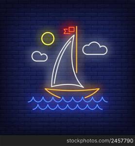 Cartoon sailing ship neon sign. Vessel, voyage, adventure design. Night bright neon sign, colorful billboard, light banner. Vector illustration in neon style.