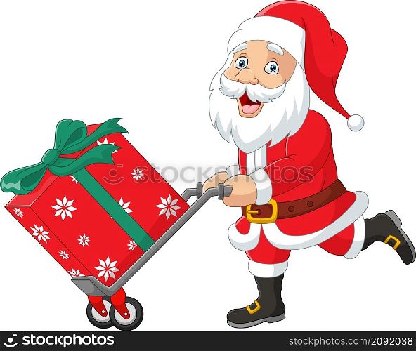 Cartoon santa claus carrying a gifts in trolley pushcart