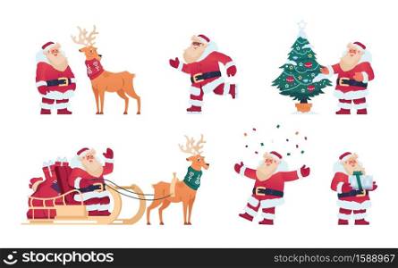 Cartoon Santa Claus. Cute Christmas character with presents, reindeer with sleigh, fir tree decorated with garlands. Winter holiday template for greeting cards, New Year posters. Vector December set. Cartoon Santa Claus. Christmas character with presents. Reindeer with sleigh, fir tree with garlands. Winter holiday template for greeting cards, New Year posters. Vector December set
