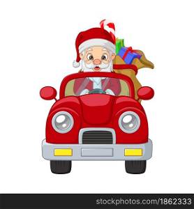 Cartoon santa claus driving a red car with a sack of gift