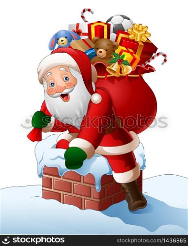 Cartoon Santa Claus enters a home through the Chimney