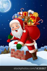 Cartoon Santa Claus enters a home through the Chimney