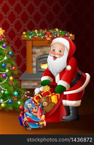Cartoon Santa Claus holding bag of presents