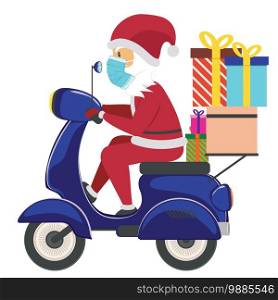 Cartoon Santa Claus in face mask riding scooter with gift boxes.