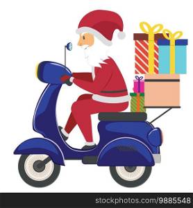 Cartoon Santa Claus riding scooter with gift boxes.