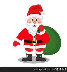 Cartoon Santa Claus smiling with gift bag. Vector illustration in flat style. Cartoon Santa Claus