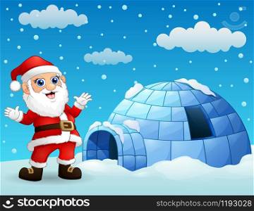 Cartoon santa claus with igloo in winter