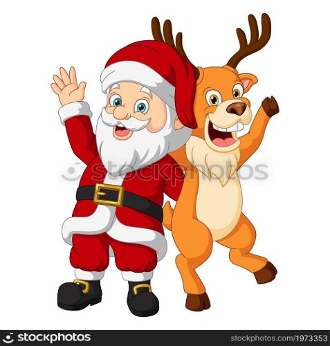 Cartoon santa claus with reindeer waving hands