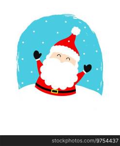Cartoon santa claus with snowfall design in oval frame. Merry Christmas concept, vector illustration.