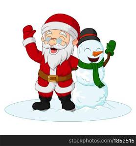 Cartoon santa claus with snowman waving hands