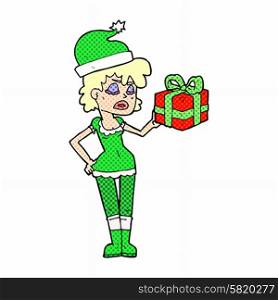 cartoon santa&rsquo;s helper woman with present
