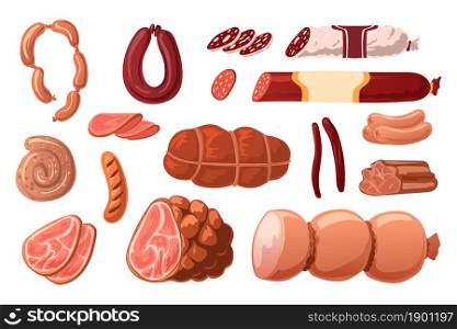 Cartoon sausages. Meat grocery assortment. Pork, chicken and beef smoked products. Butchery shop collection. Isolated salami slices and ham rings. Delicious frankfurters. Vector gourmet food set. Cartoon sausages. Meat grocery assortment. Pork, chicken and beef smoked products. Butchery collection. Salami slices and ham rings. Delicious frankfurters. Vector gourmet food set