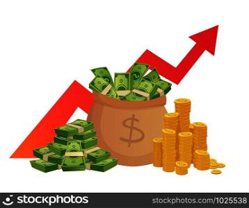 Cartoon savings value growth. Money profit increase, profitable investments chart with red graph arrow and cash pile. Banking profit stack, financial earning wealth vector illustration. Cartoon savings value growth. Money profit increase, profitable investments chart with red graph arrow and cash pile vector illustration