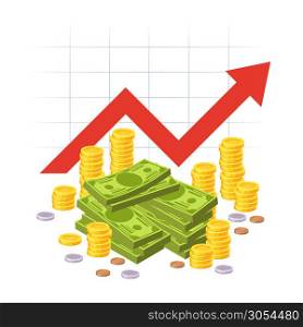 Cartoon savings value growth. Money profit with red rising up graph arrow and cash pile. Economic growth business investment vector profitability diagram concept. Cartoon savings value growth. Money profit with red rising up graph arrow and cash pile. Economic growth business investment vector concept