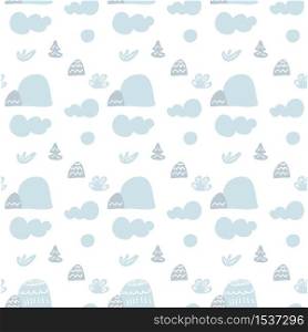 Cartoon scandinavian seamless pattern. Vector landscape with clouds, mountains and trees. illustration can be used for wallpaper, textile, web page background.. Cartoon scandinavian seamless pattern. Vector landscape with clouds, mountains and trees. illustration can be used for wallpaper, textile, web page background