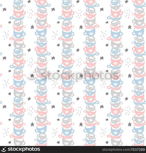 Cartoon scandinavian seamless pattern with cups. Pastel multicolors. Vector illustration can be used for wallpaper, textile, web page background.. Cartoon scandinavian seamless pattern with cups. Pastel multicolors. Vector illustration can be used for wallpaper, textile, web page background