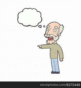 cartoon scared old man pointing with thought bubble