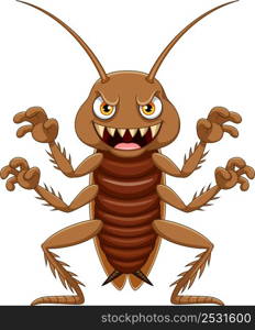 Cartoon scary cockroach on white background