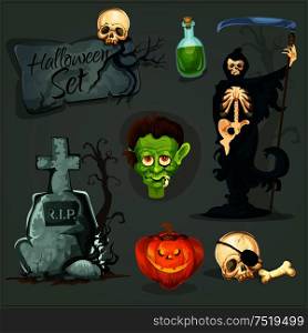 Cartoon scary elements for Halloween. Vector icons of skeleton zombie, orange halloween pumpkin lantern, gravestone with cross, green potion bottle. Creepy and horror design for Halloween decorations. Cartoon scary elemens for Halloween
