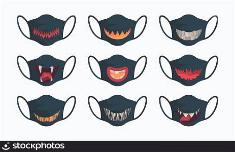 Cartoon scary faces. Halloween protection masked pumpkin teeth garish vector set for traditional horror party. Illustration of scary face masks protection. Cartoon scary faces. Halloween protection masked pumpkin teeth garish vector set for traditional horror party