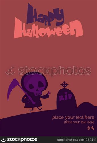 Cartoon scary grim reaper onHalloween cemetary background with tombstones. Vector illustration