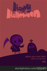 Cartoon scary grim reaper onHalloween cemetary background with tombstones. Vector illustration