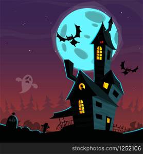Cartoon scary haunted house. Halloween vector background illustration