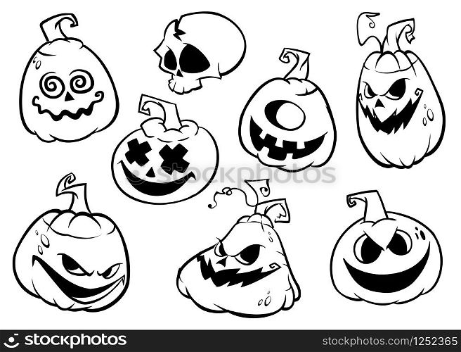 Cartoon scary Jack O&rsquo; Lantern pumpkins set outlined. Halloween illustration.
