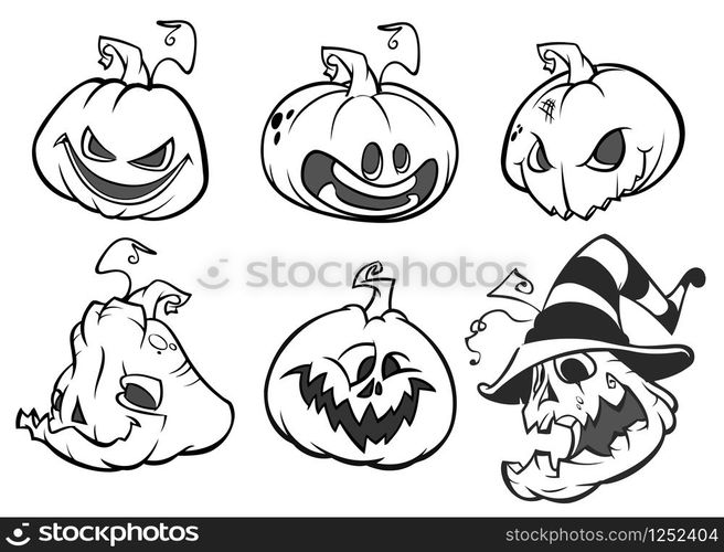 Cartoon scary Jack O&rsquo; Lantern pumpkins set outlined. Halloween illustration.