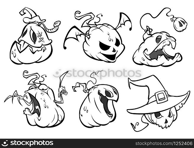 Cartoon scary Jack O&rsquo; Lantern pumpkins set outlined. Halloween illustration.
