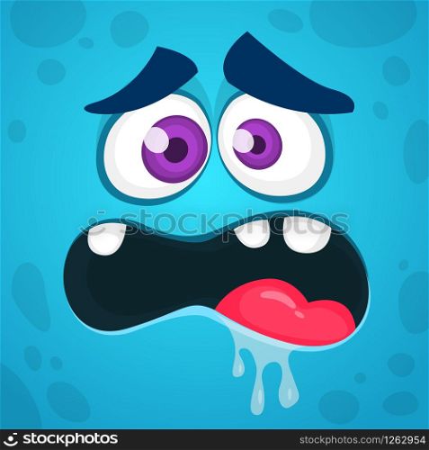 Cartoon scary monster face. Vector Halloween blue zombie monster square avatar