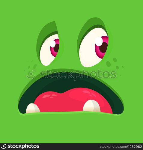 Cartoon scary monster face. Vector Halloween green zombie monster avatar square