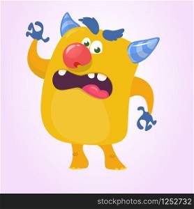 Cartoon Scary Monster With Big Mouth Laughing and waving. Vector yellow monster character illustration. Halloween design