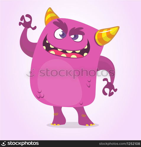 Cartoon Scary Monster With Big Mouth waving. Vector purple monster character illustration. Halloween design