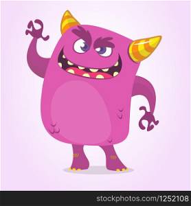 Cartoon Scary Monster With Big Mouth waving. Vector purple monster character illustration. Halloween design