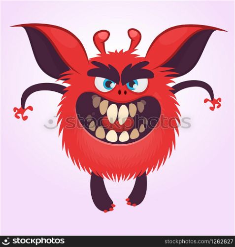 Cartoon scary red round monster illustration. Vector of a small tiny monster with big ears. Halloween character