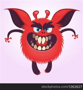 Cartoon scary red round monster illustration. Vector of a small tiny monster with big ears. Halloween character