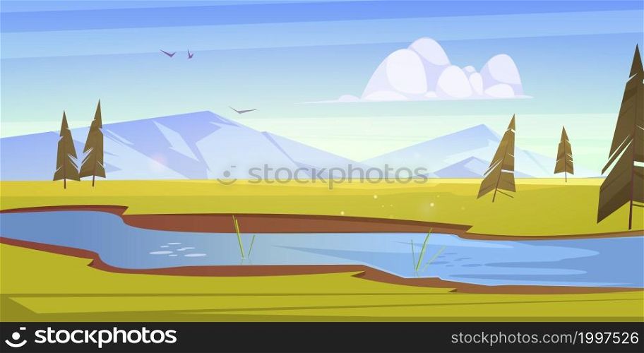 Cartoon scenery landscape with lush green fields of meadows and river flowing across the vast lands, mountains, fir trees under blue cloudy sky with birds flying in height, Vector illustration. Cartoon scenery landscape with lush green fields
