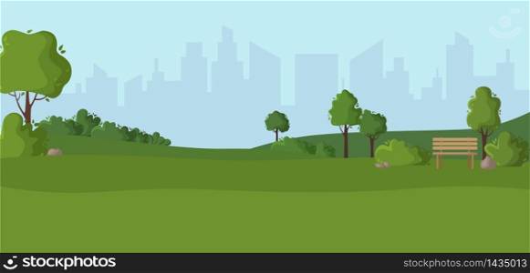 Cartoon scenery or green park - nature outdoor green place with trees, stones, bushes and lawn, city view on background, cute square in town - vector illustration for banner. Cartoon scenery or green park outdoor