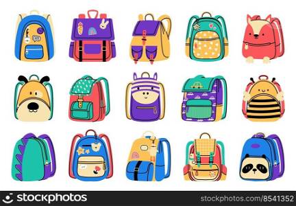 Cartoon school bag. Colorful backpack with zip for school supply and accessories, education equipment for students. Vector isolated baggage collection of school luggage student illustration. Cartoon school bag. Colorful backpack with zip for school supply and accessories, education equipment for students. Vector isolated baggage collection