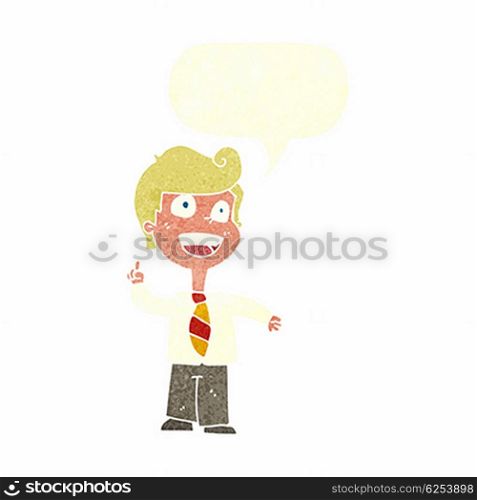 cartoon school boy raising hand with speech bubble